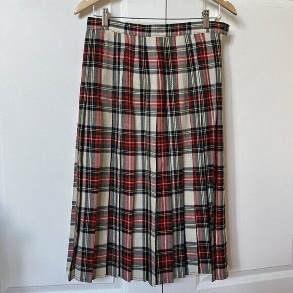 Vintage Plaid Kilt Skirt Womens 26 Wool Red White Tartan Pleated Long Holiday - Picture 1 of 6